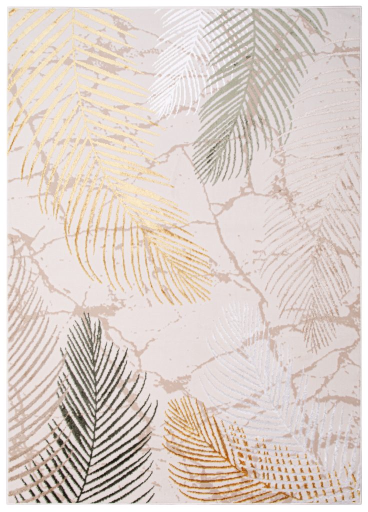 Alfombra Crystal Verde Dorado Crema Hojas Efecto 3D