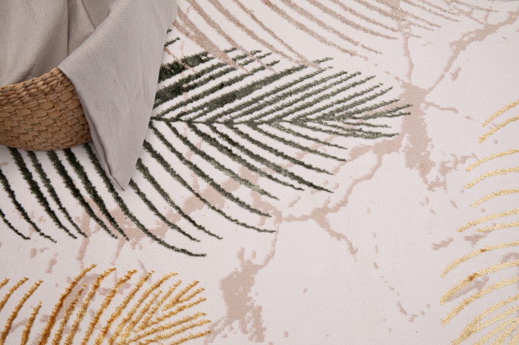 Alfombra Crystal Verde Dorado Crema Hojas Efecto 3D