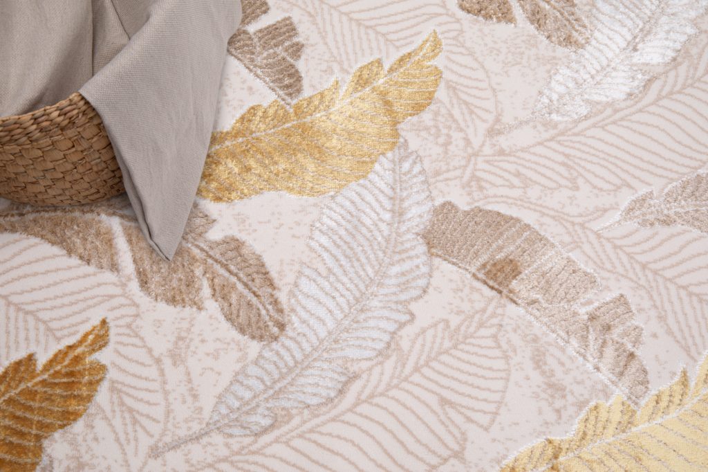 Alfombra Crystal Dorado Marrón Beige Hojas Efecto 3D