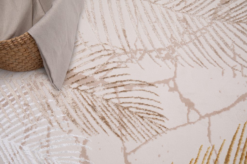 Alfombra Crystal Dorado Marrón Crema Hojas Efecto 3D