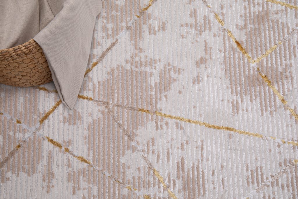 Alfombra Crystal Dorado Beige Borde Geométrico Efecto 3D