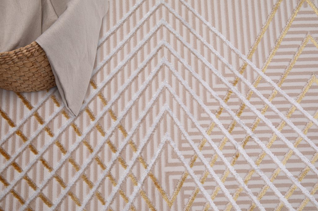 Alfombra Crystal Dorado Beige Zigzag Geométrico Efecto 3D