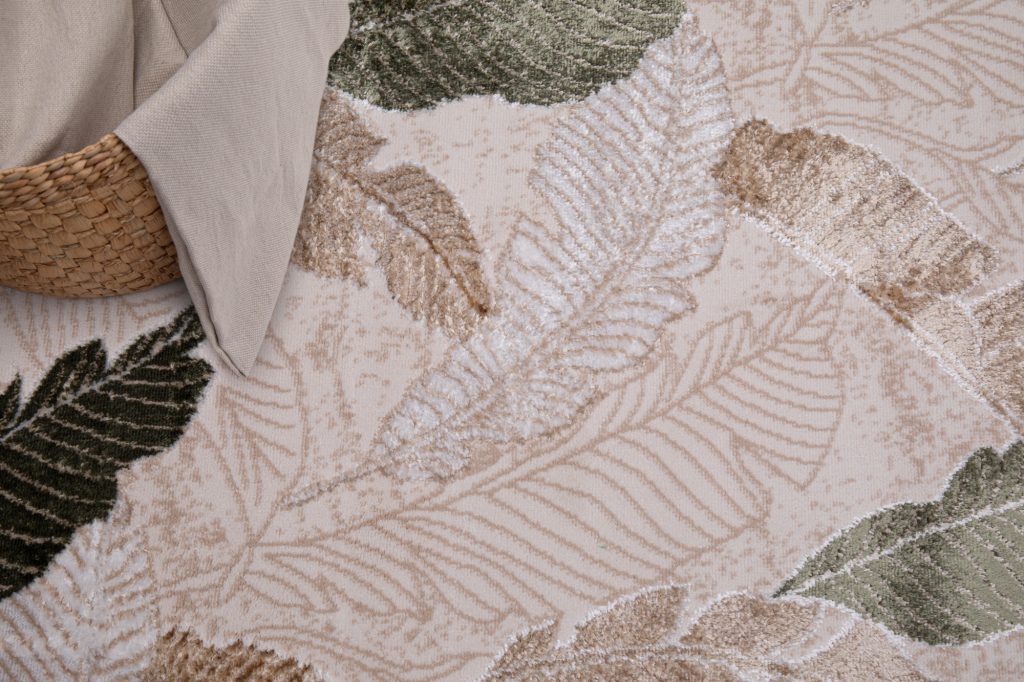 Alfombra Crystal Verde Marrón Beige Hojas Efecto 3D