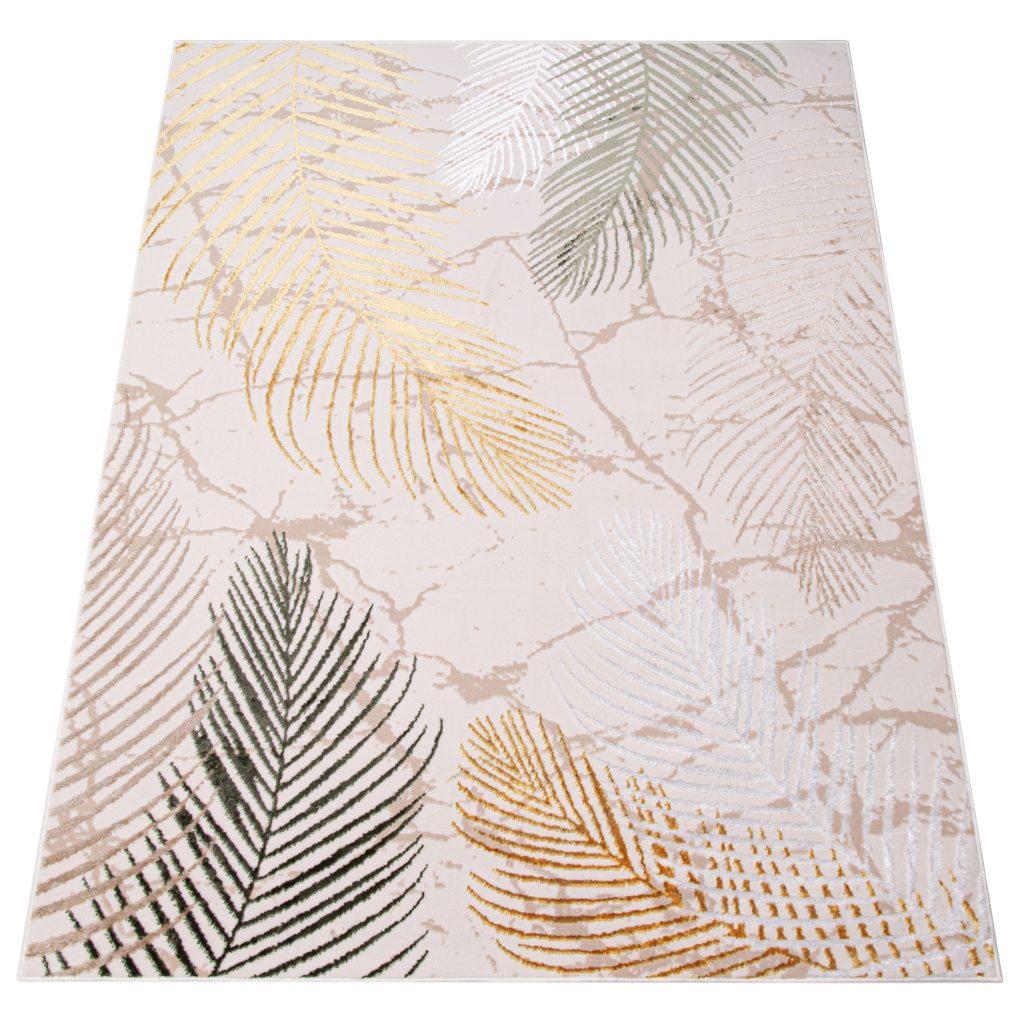 Alfombra Crystal Verde Dorado Crema Hojas Efecto 3D
