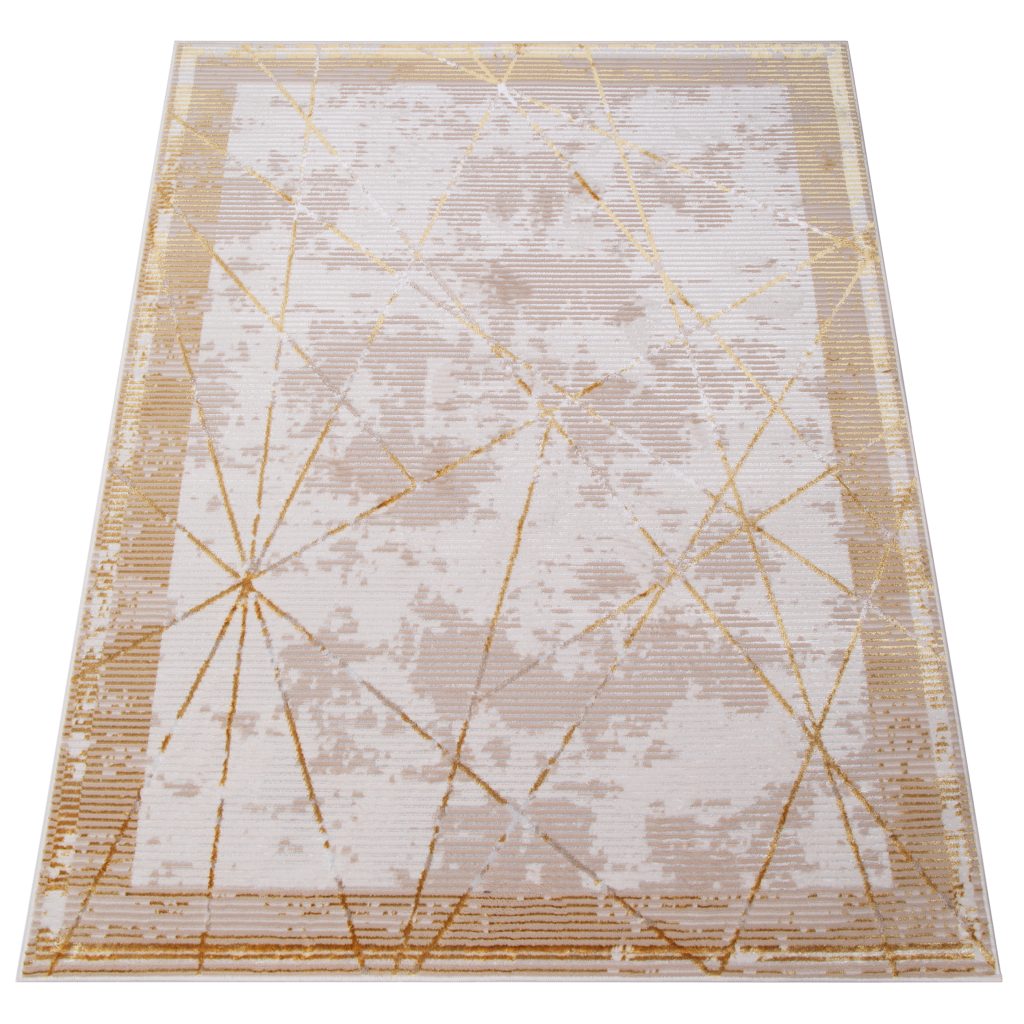 Alfombra Crystal Dorado Beige Borde Geométrico Efecto 3D