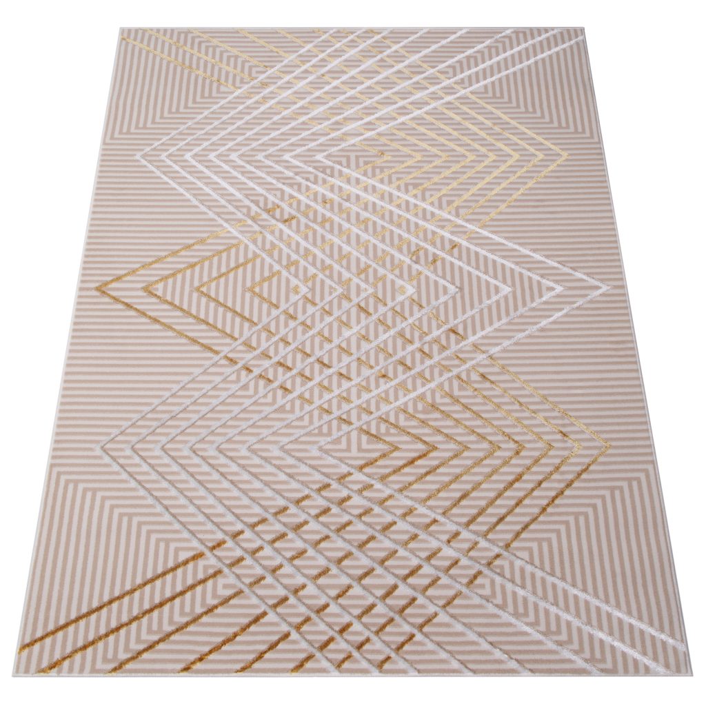 Alfombra Crystal Dorado Beige Zigzag Geométrico Efecto 3D