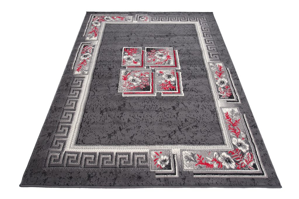 Alfombra Dream Gris Rojo Floral Cuadrados
