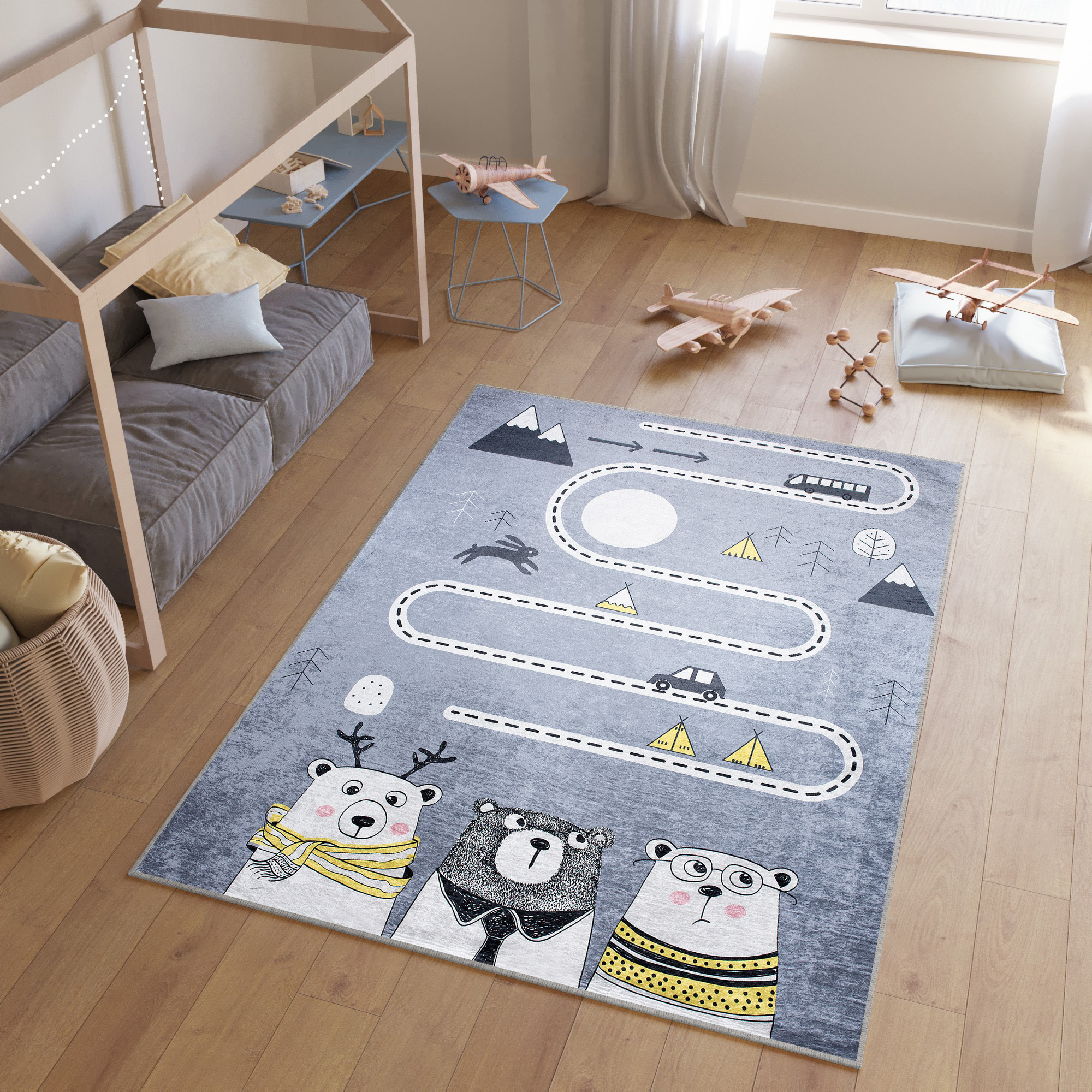 Alfombra Infantil Emma Gris Ositos Carretera Antideslizante