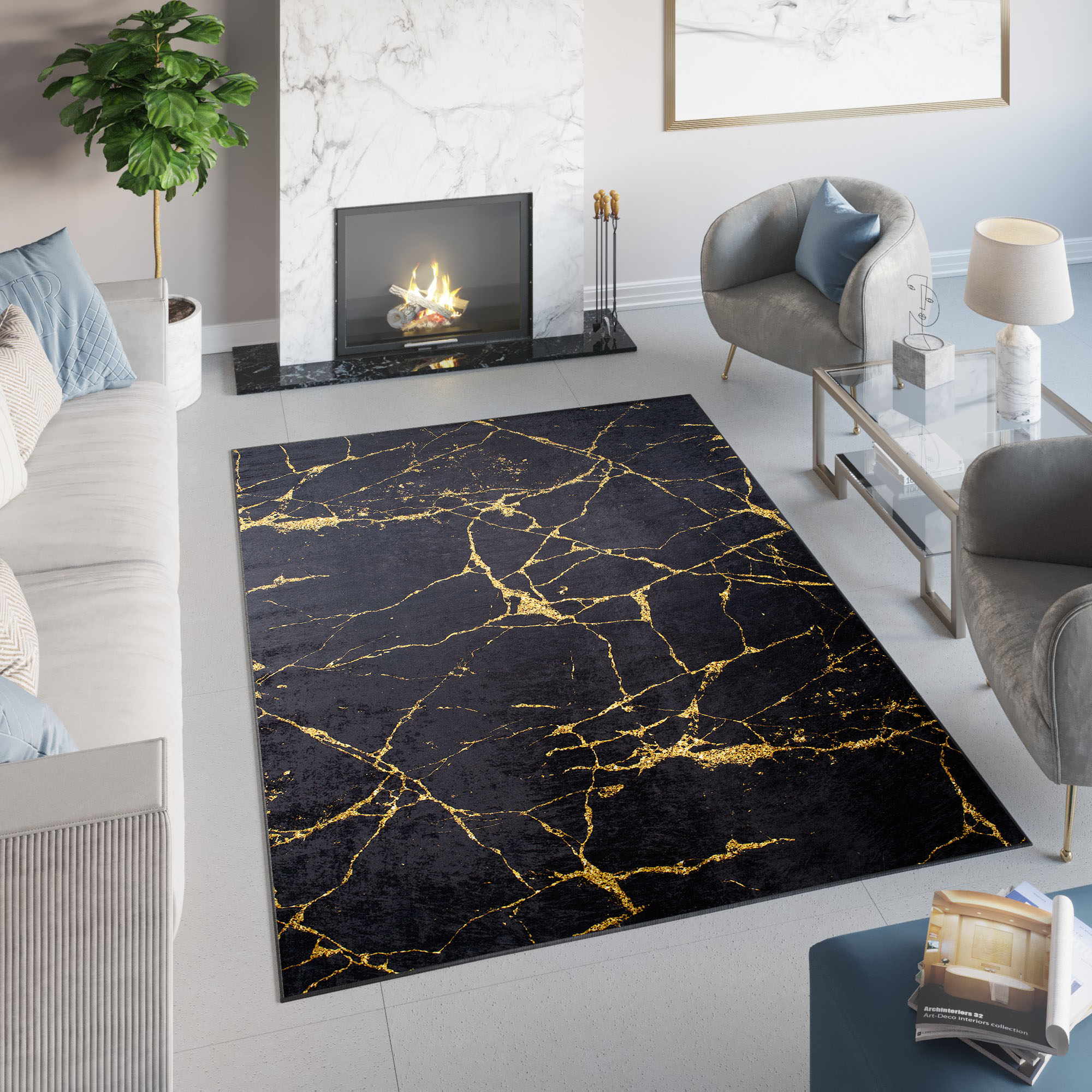 Alfombra Toscana Glamour Negro Dorado Mármol