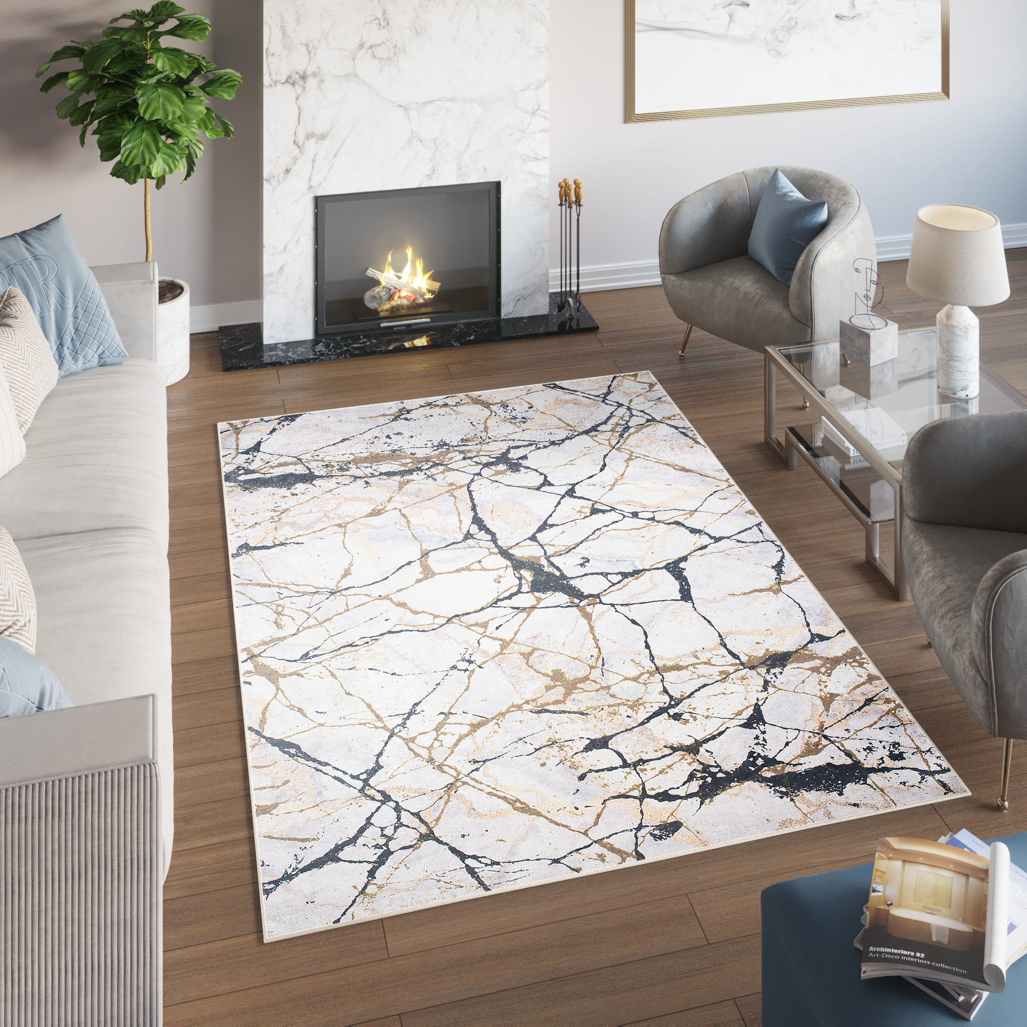 Alfombra Toscana Crema Dorado Negro Mármol