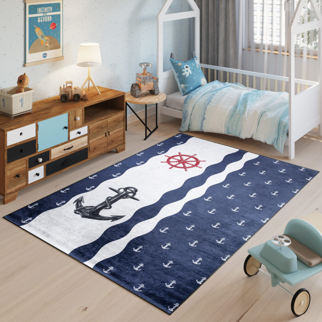 Alfombra Infantil Emma Azul Marino Blanco Anclas Antideslizante