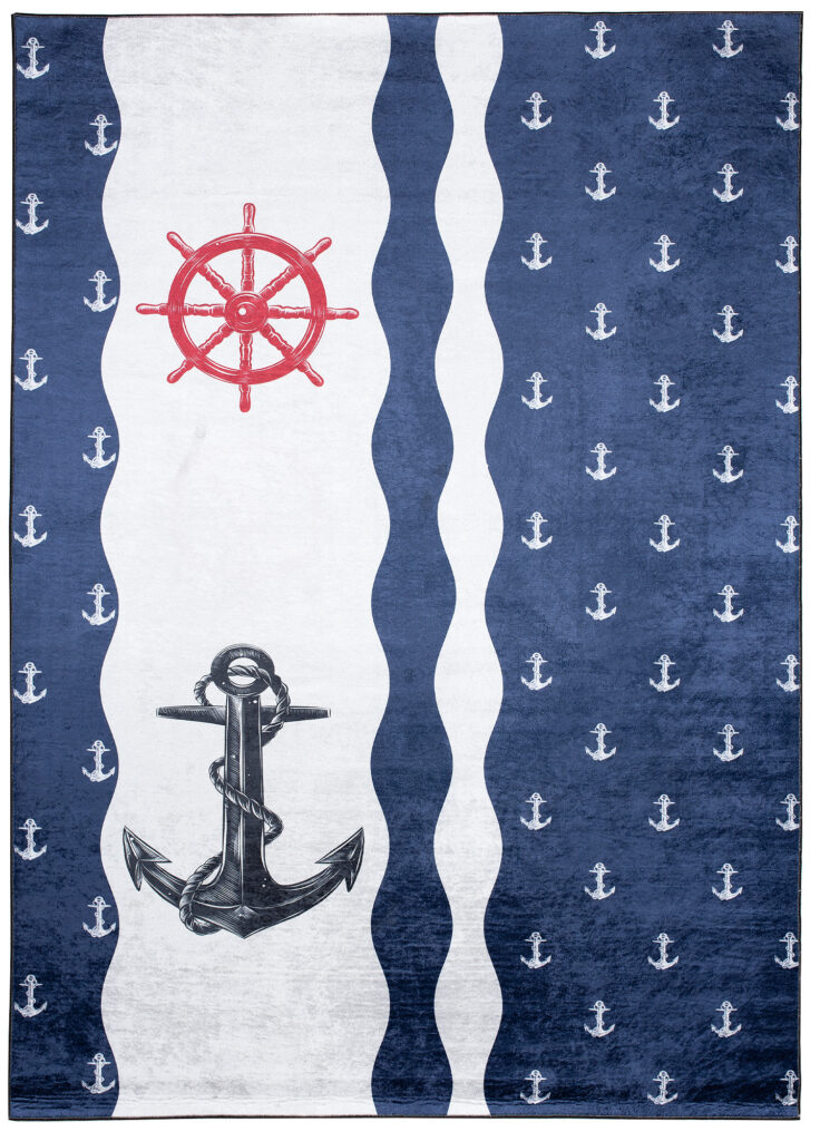 Alfombra Infantil Emma Azul Marino Blanco Anclas Antideslizante