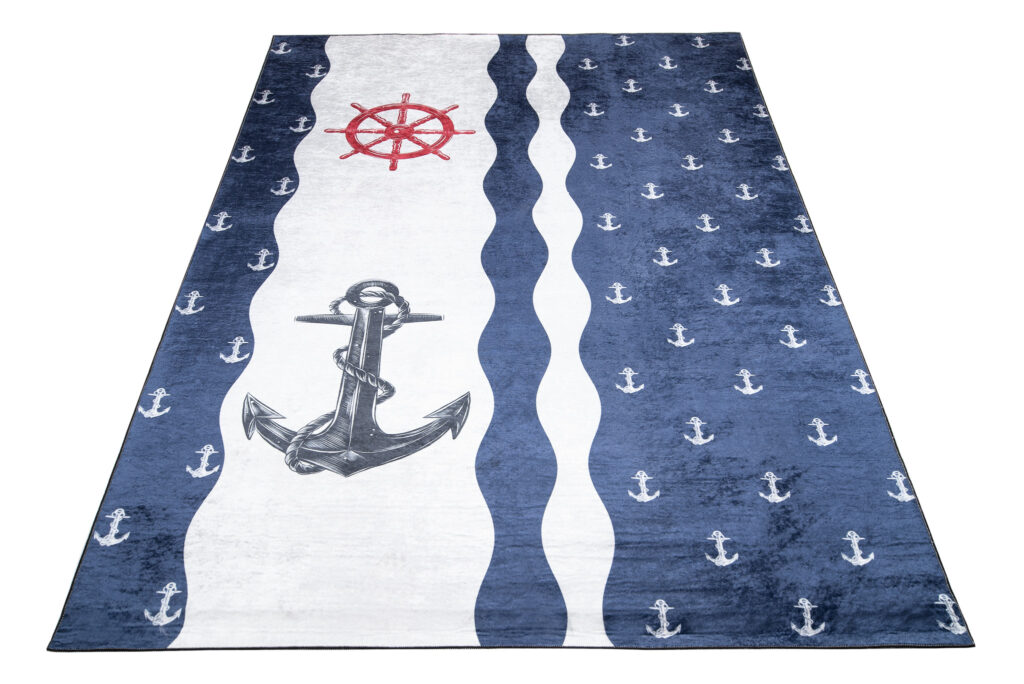 Alfombra Infantil Emma Azul Marino Blanco Anclas Antideslizante