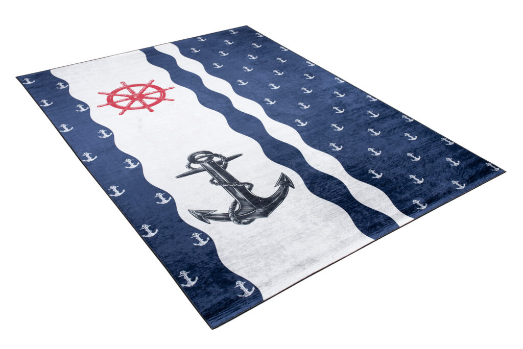 Alfombra Infantil Emma Azul Marino Blanco Anclas Antideslizante