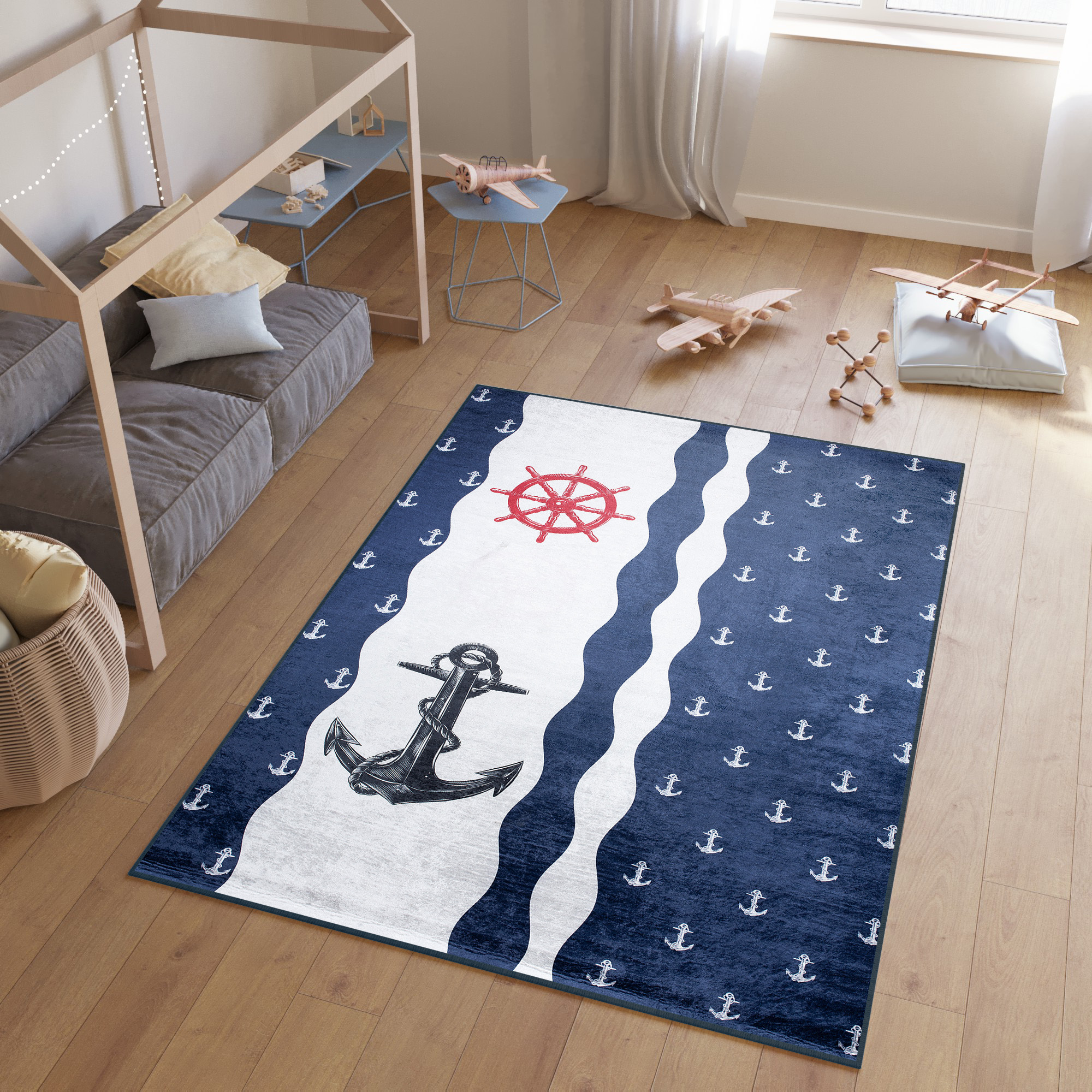 Alfombra Infantil Emma Azul Marino Blanco Anclas Antideslizante