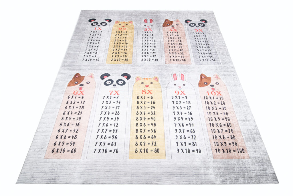 Alfombra Infantil Emma Gris Animales Tabla de Multiplicar