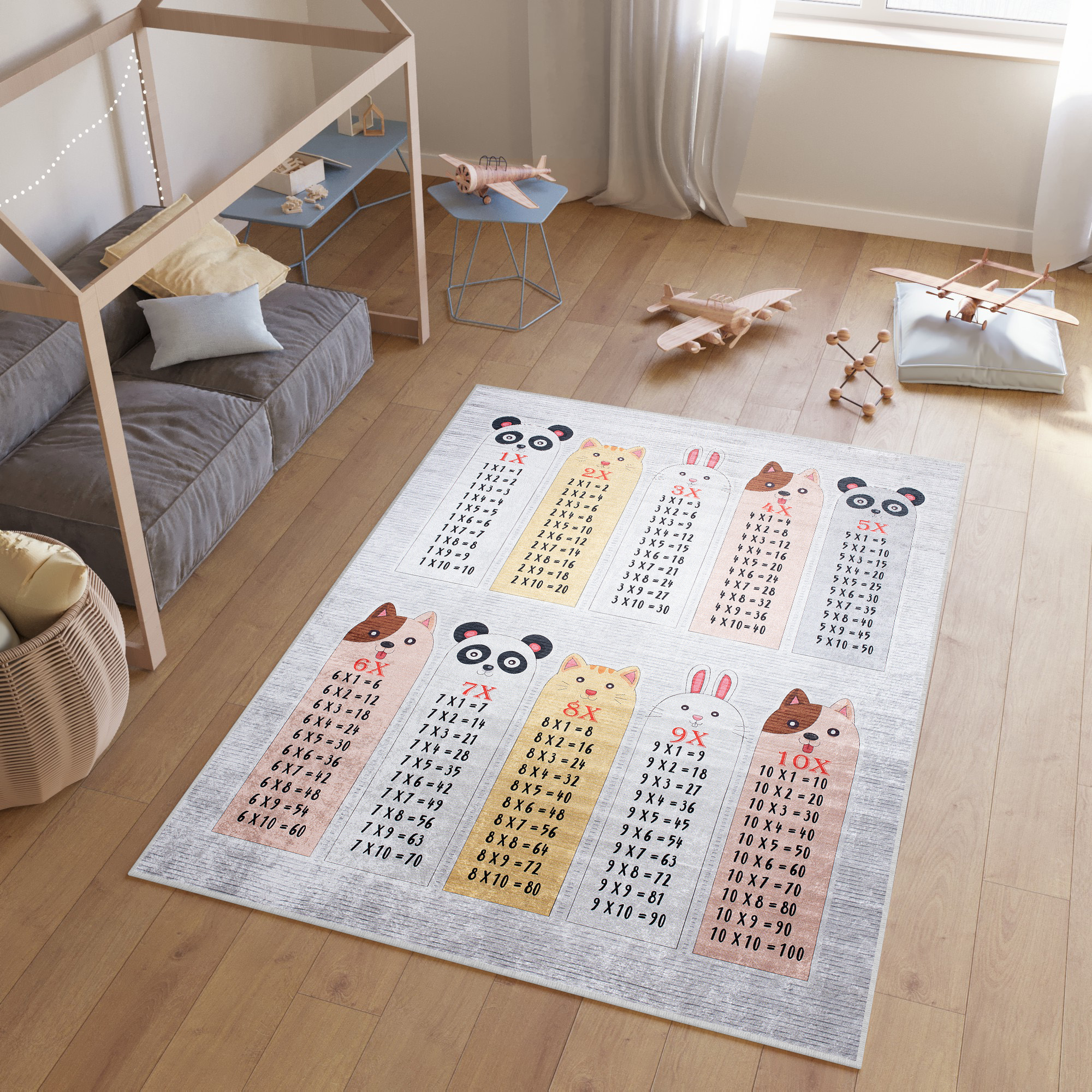 Alfombra Infantil Emma Gris Animales Tabla de Multiplicar