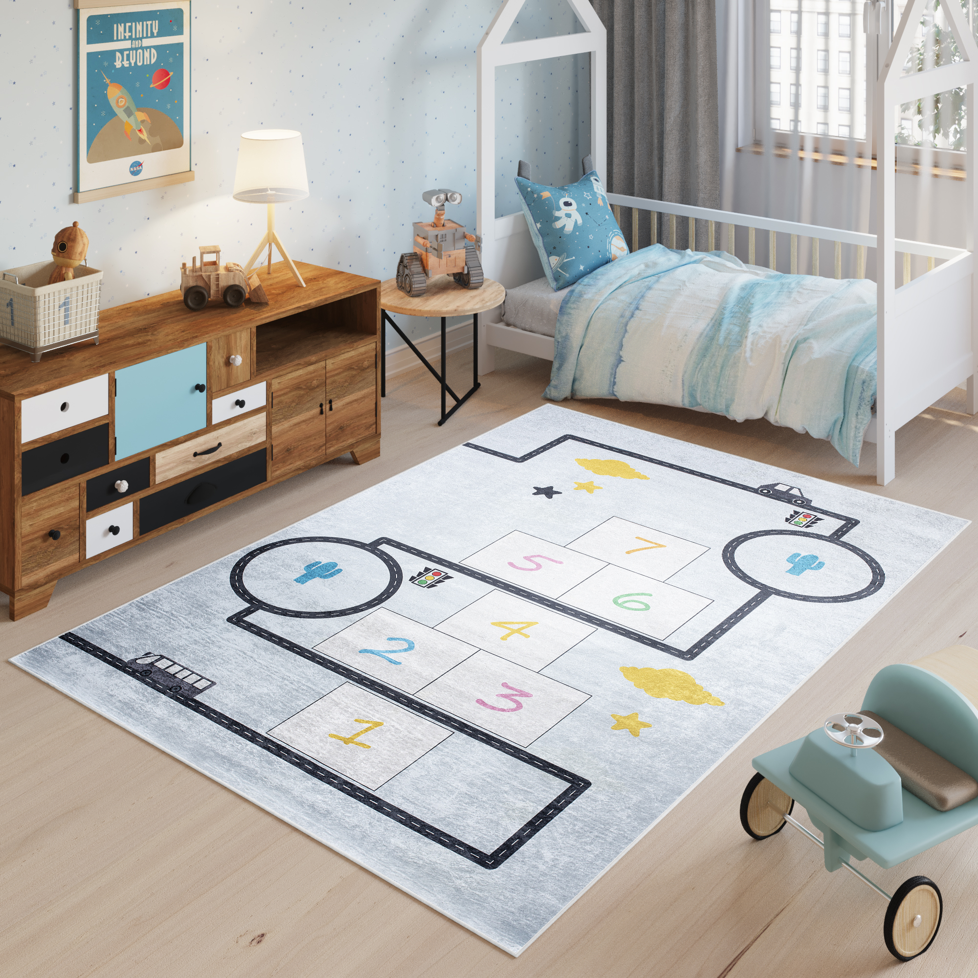 Alfombra Infantil Emma Azul Gris Rayuela Antideslizante