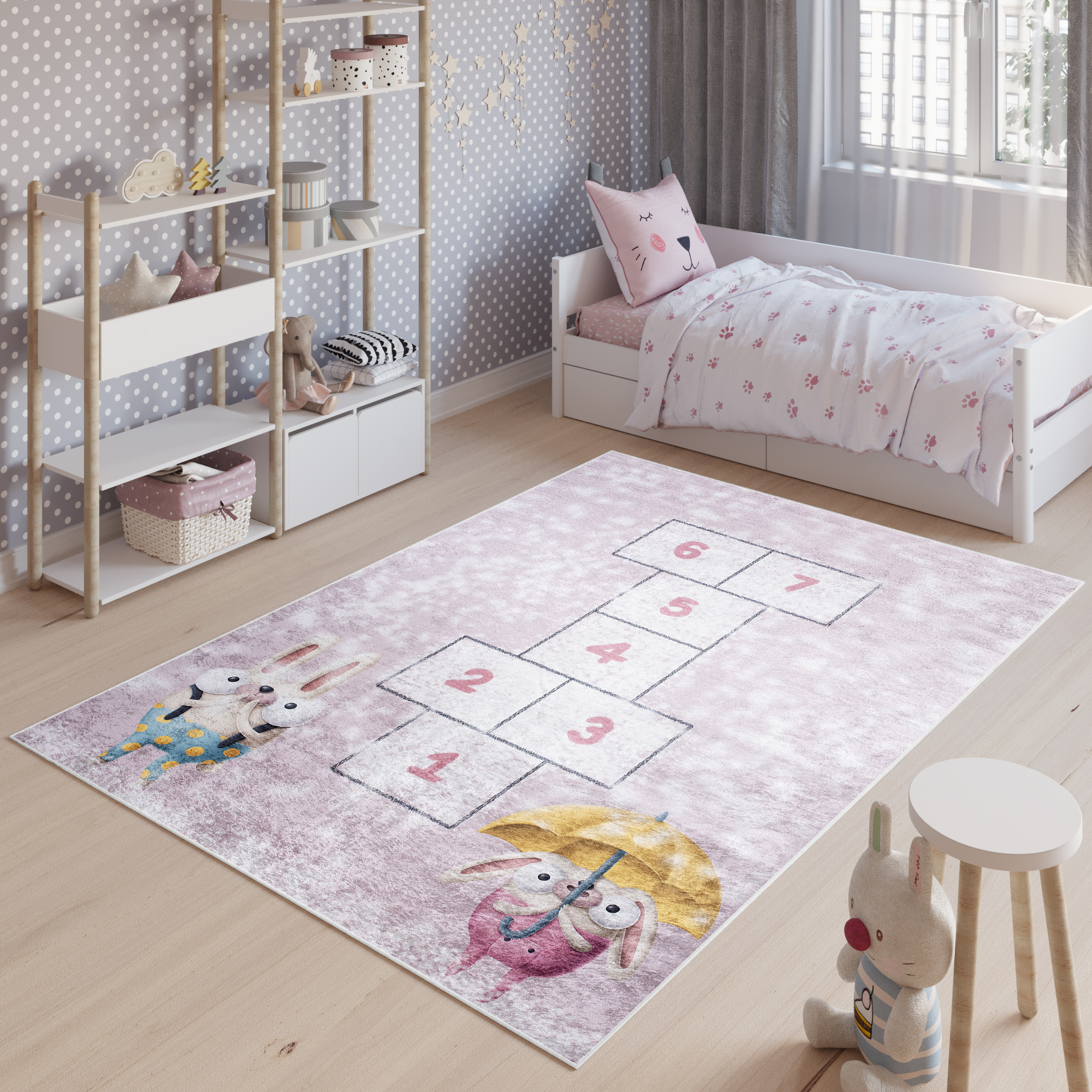 Alfombra Infantil Emma Rosa Conejos Rayuela Antideslizante