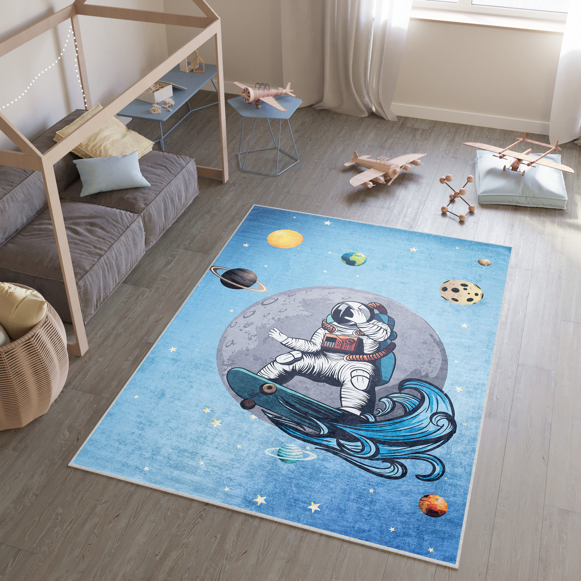 Alfombra Infantil Emma Azul Espacio Antideslizante