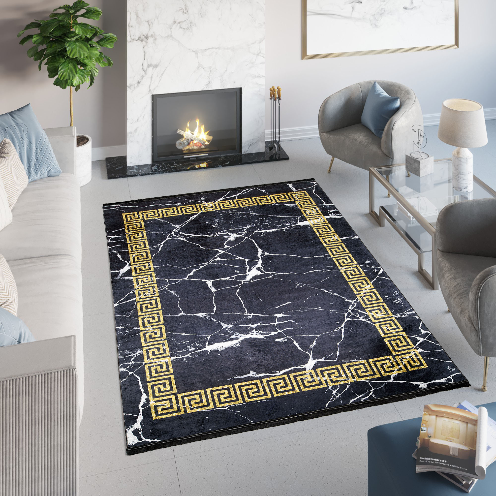Alfombra Toscana con Flecos Negro Marco Dorado