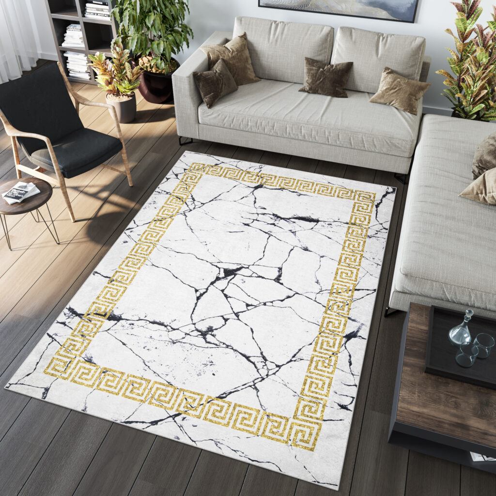 Alfombra Toscana Gris Mármol Marco Dorado Antideslizante