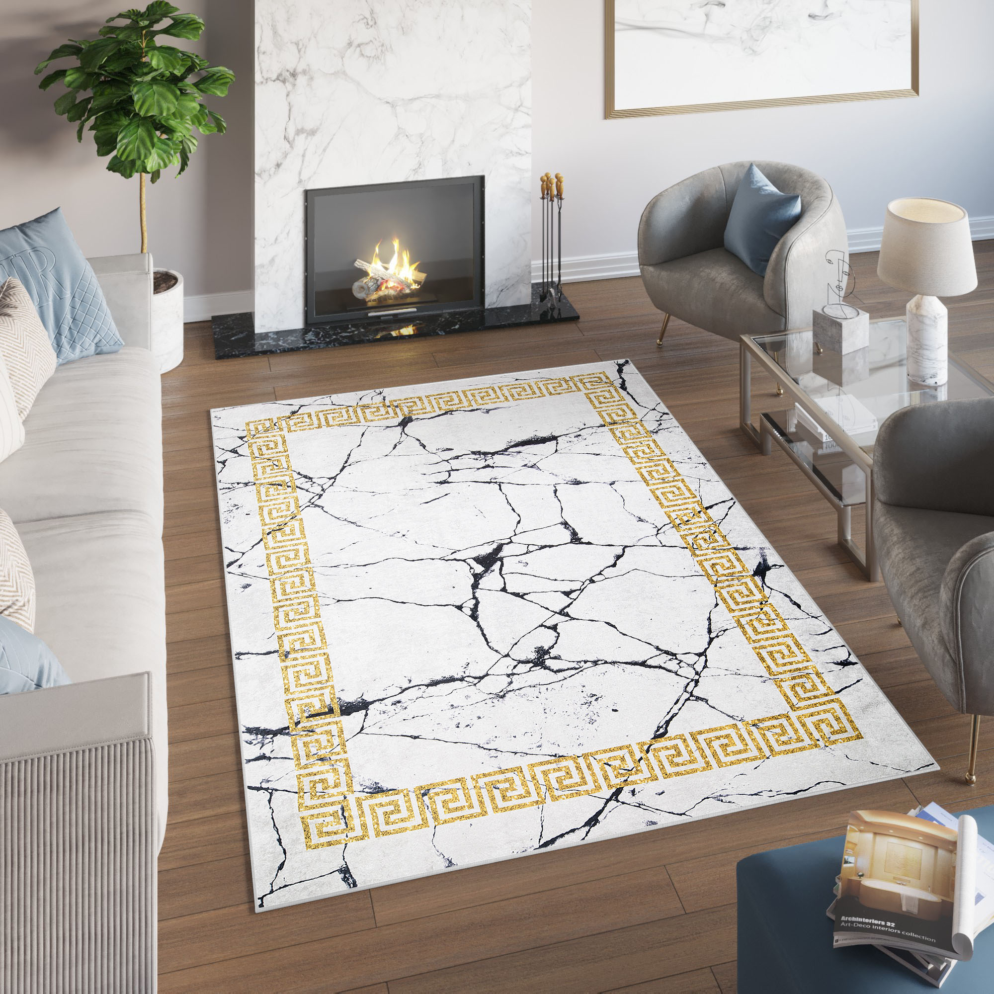 Alfombra Toscana Gris Mármol Marco Dorado Antideslizante