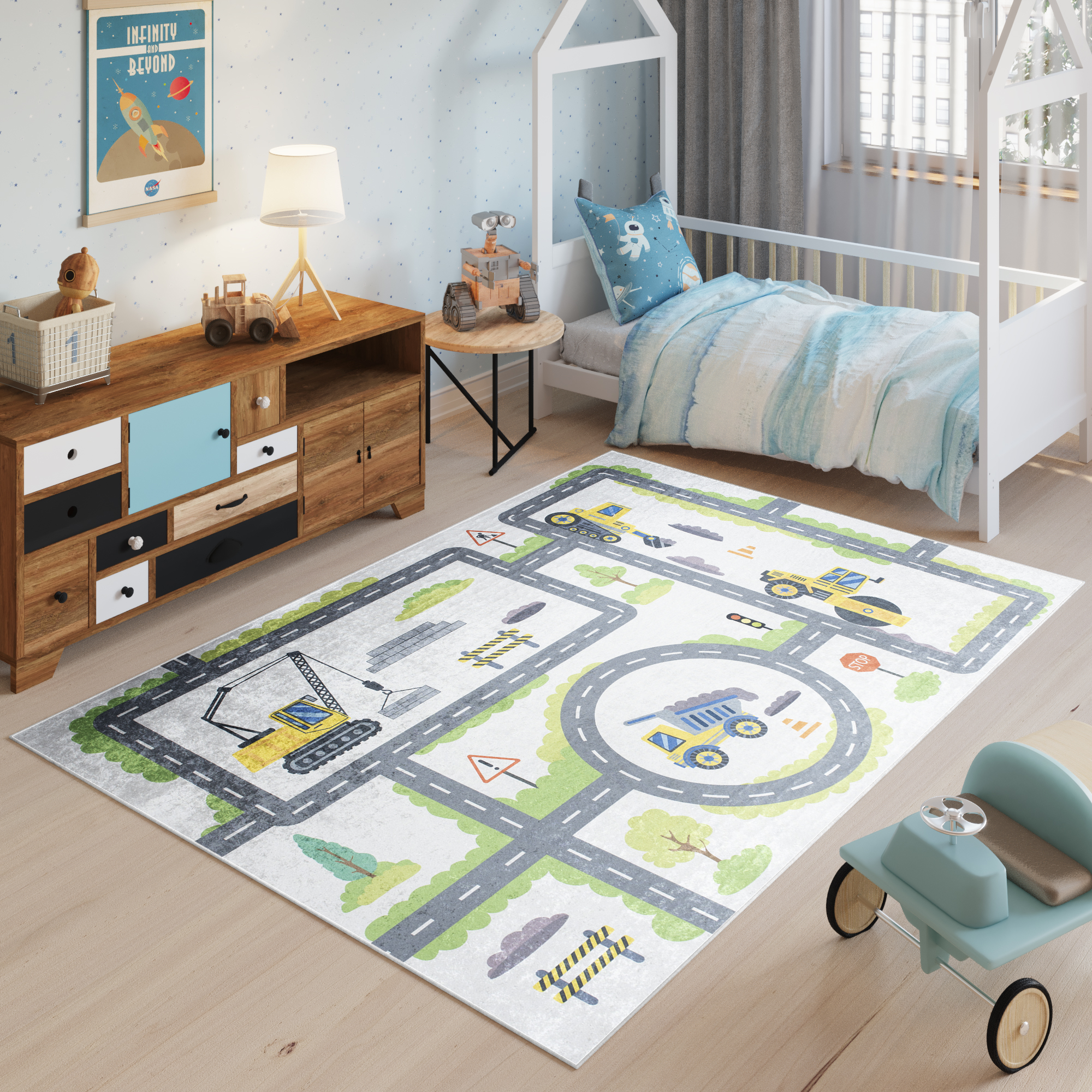 Alfombra Infantil Emma Lavable Antideslizante Gris Obras Carretera
