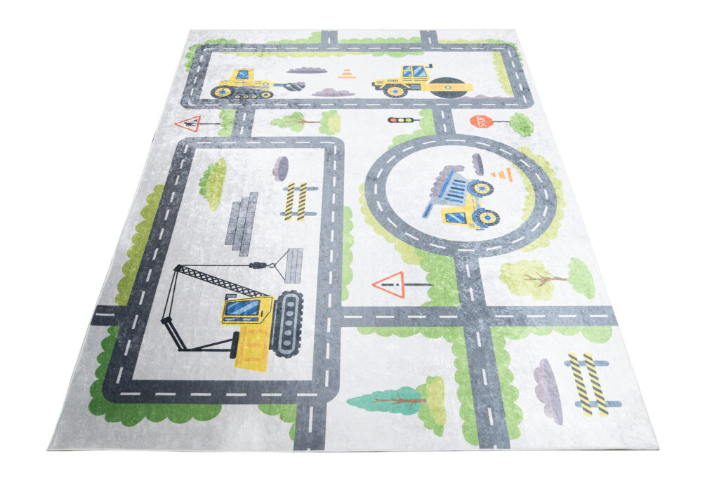 Alfombra Infantil Emma Lavable Antideslizante Gris Obras Carretera