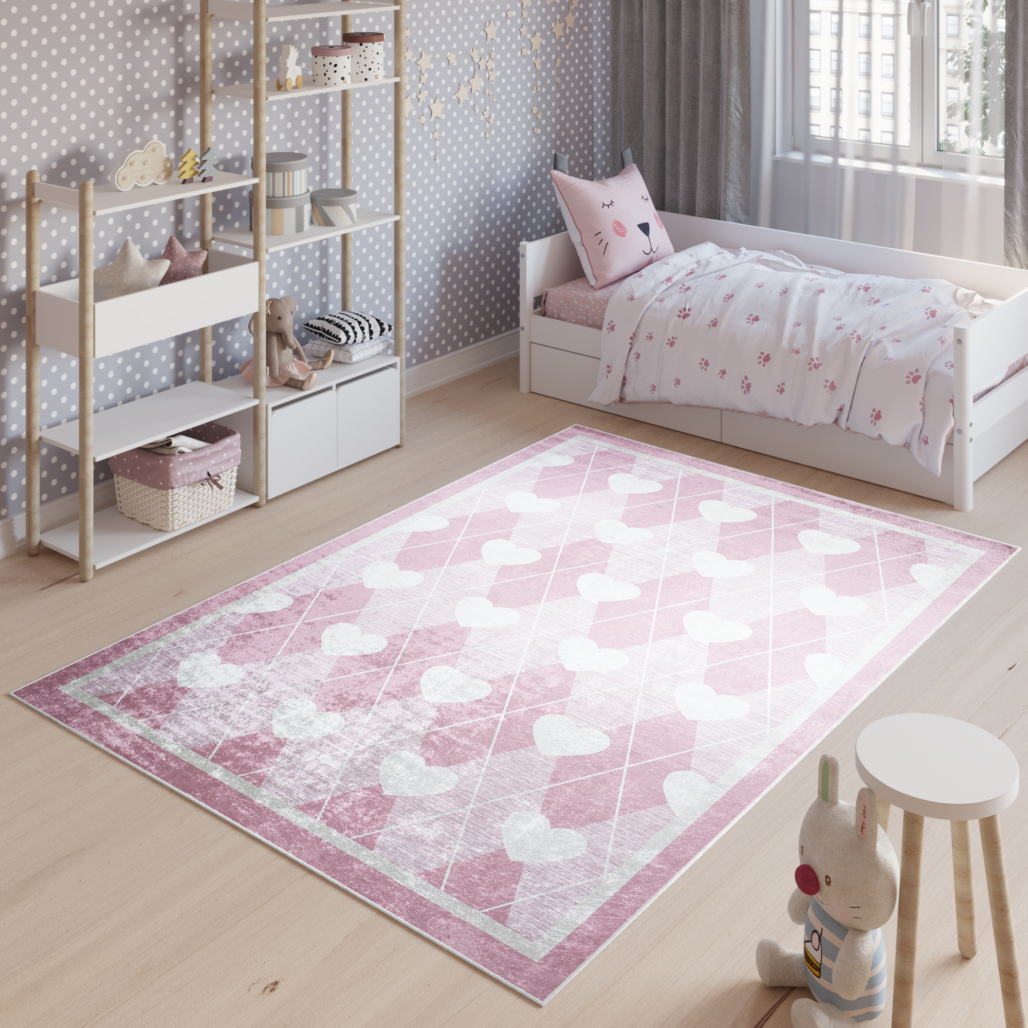 Alfombra Infantil Emma Lavable Antideslizante Rosa Corazones