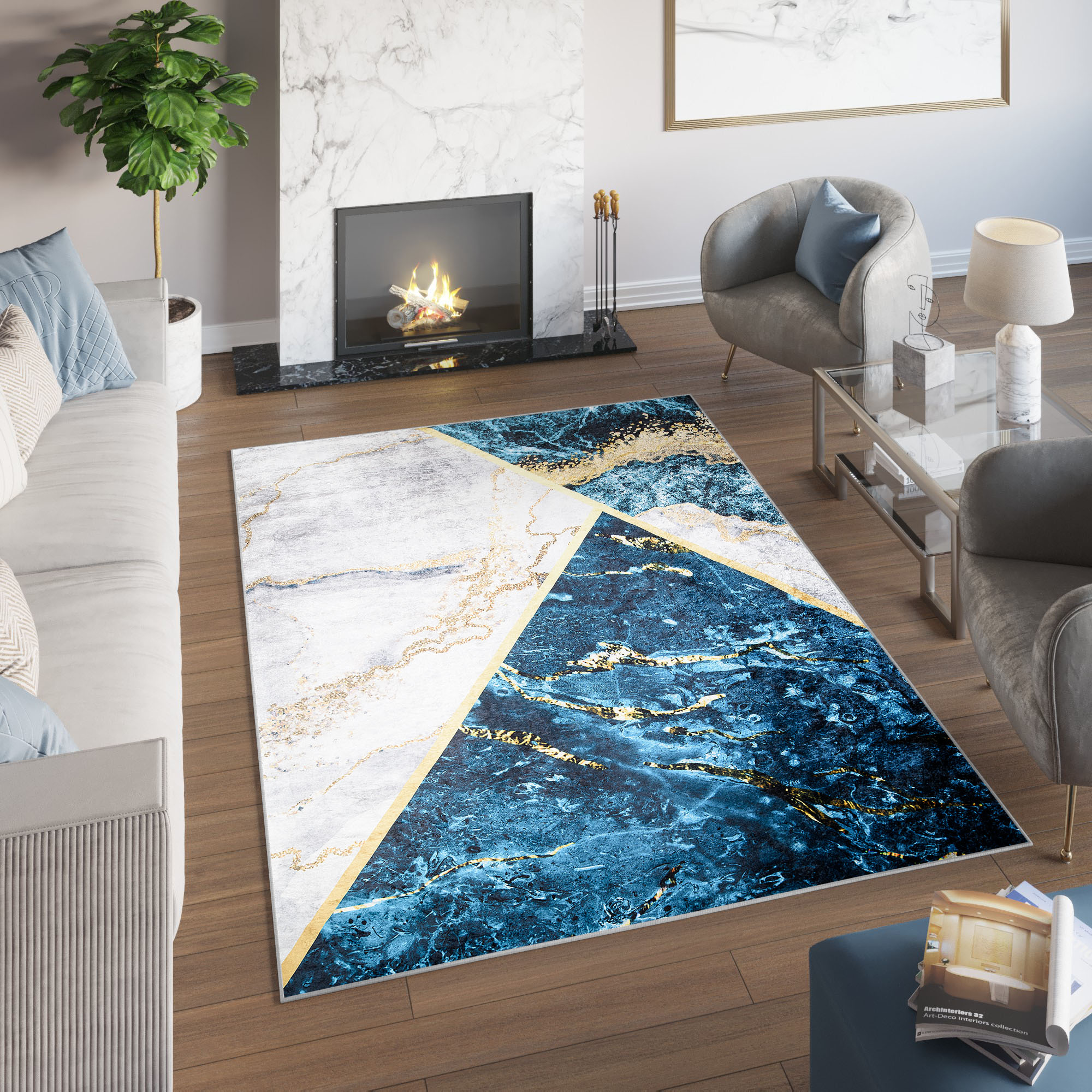 Alfombra Toscana Azul Gris Dorado Mármol