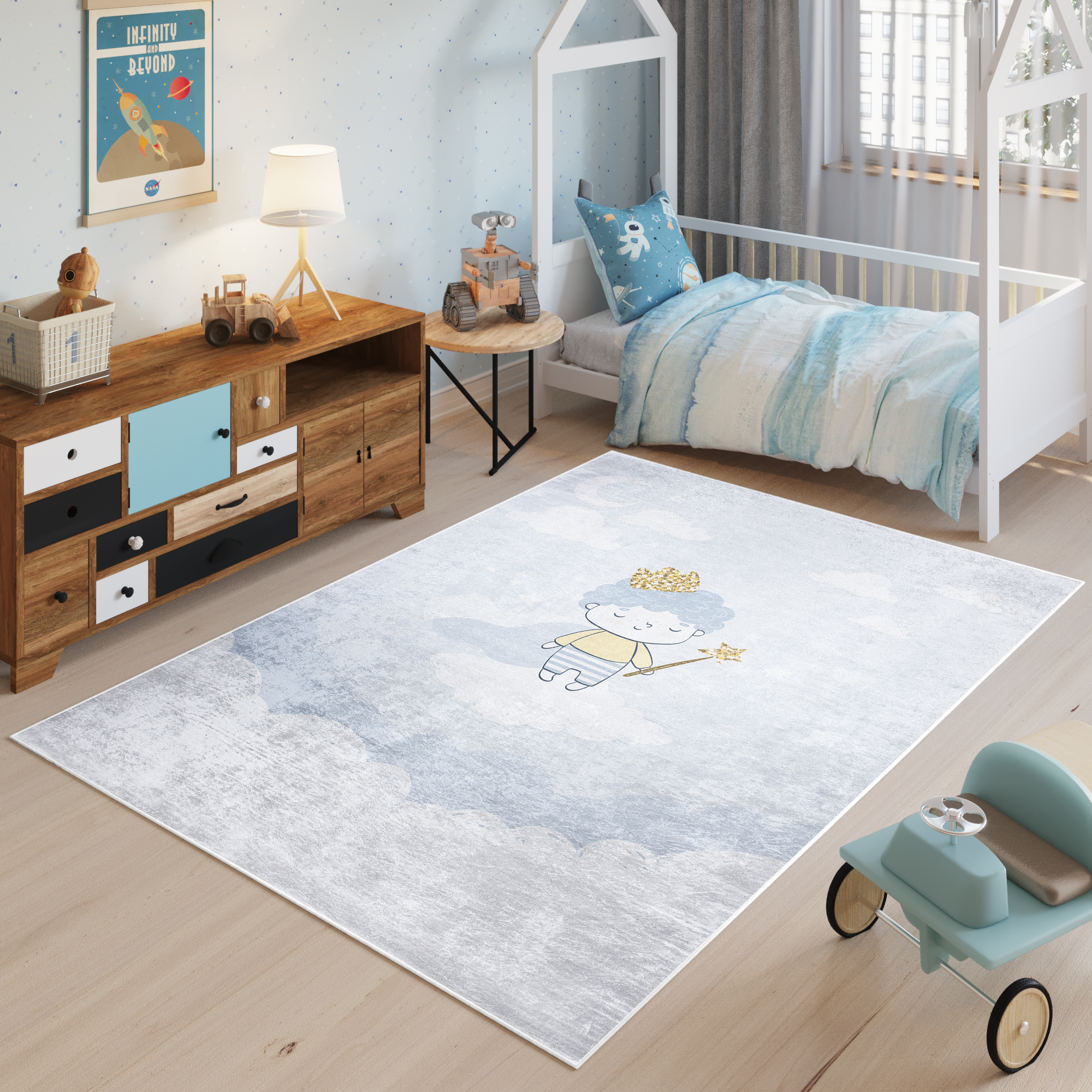 Alfombra Infantil Emma Azul Gris Príncipe Antideslizante