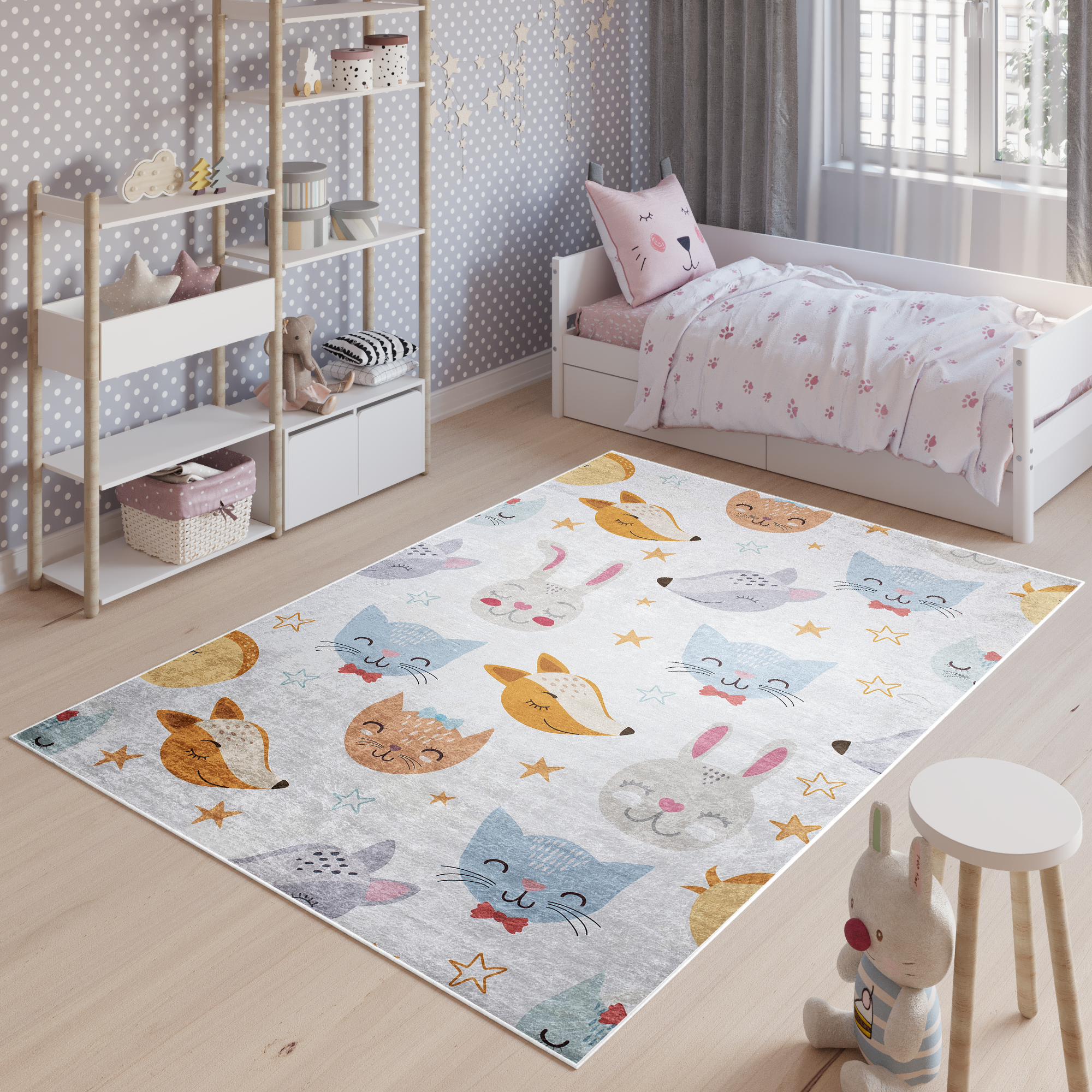 Alfombra Infantil Emma Gris Animales de Colores Antideslizante