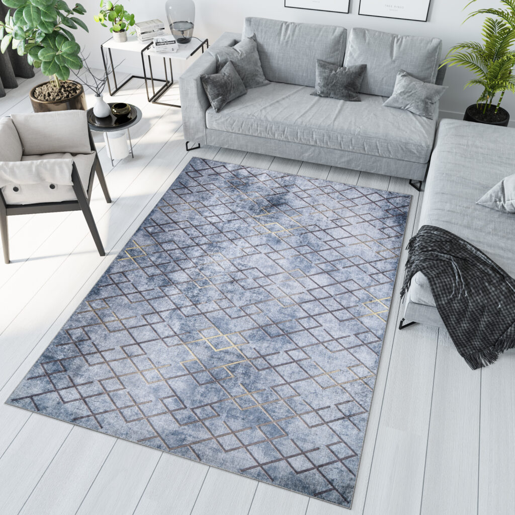 Alfombra Toscana Geométrica Azul Cuadrados Dorados