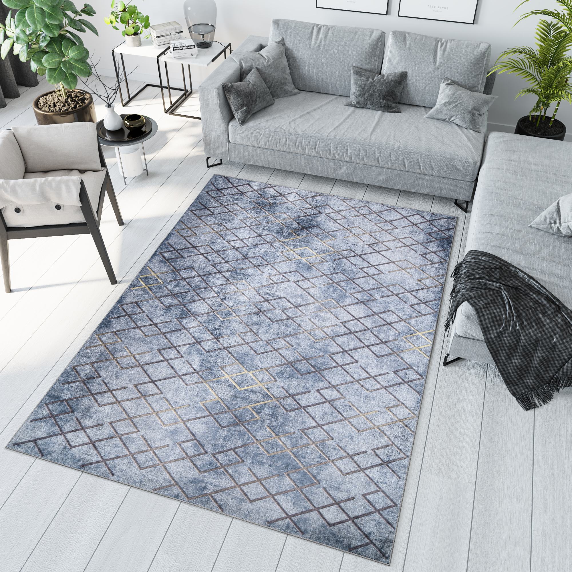 Alfombra Toscana Geométrica Azul Cuadrados Dorados