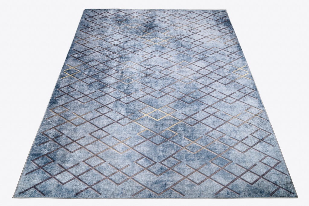 Alfombra Toscana Geométrica Azul Cuadrados Dorados