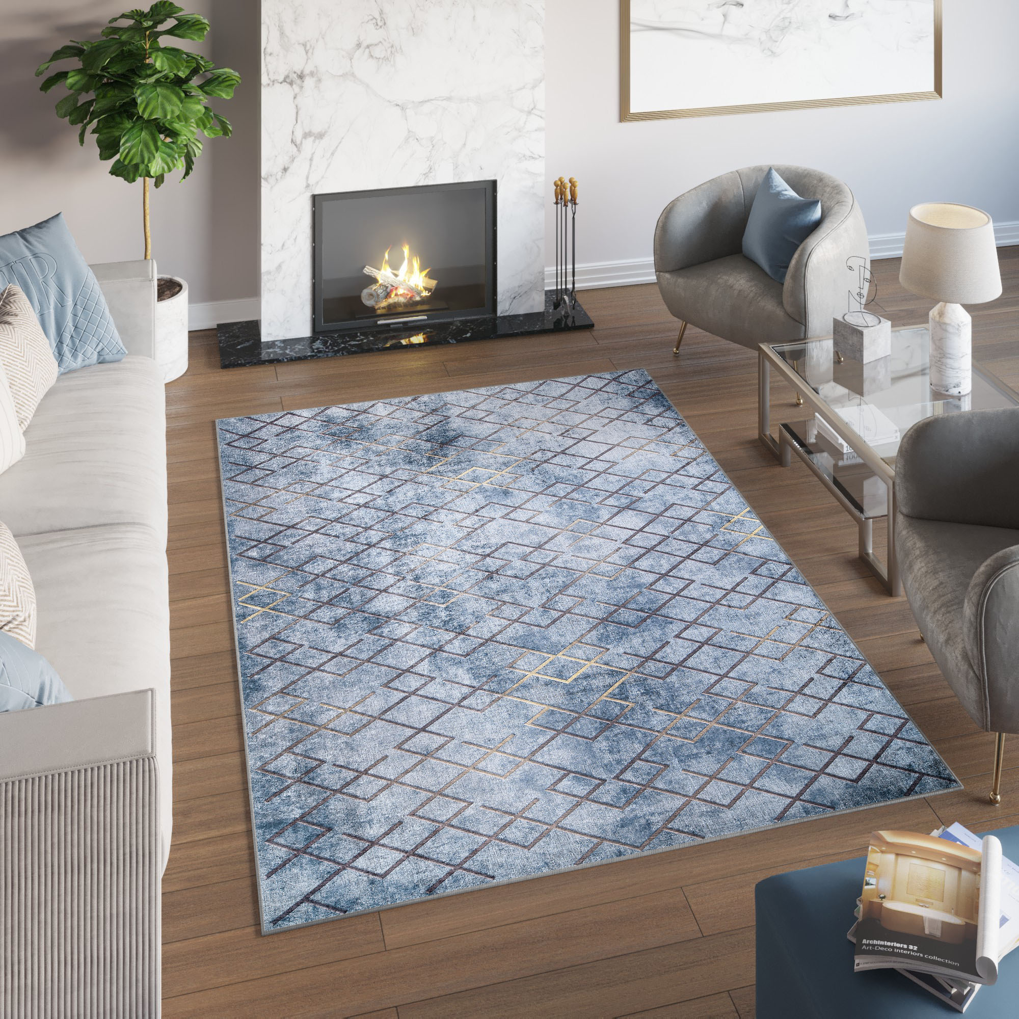 Alfombra Toscana Geométrica Azul Cuadrados Dorados