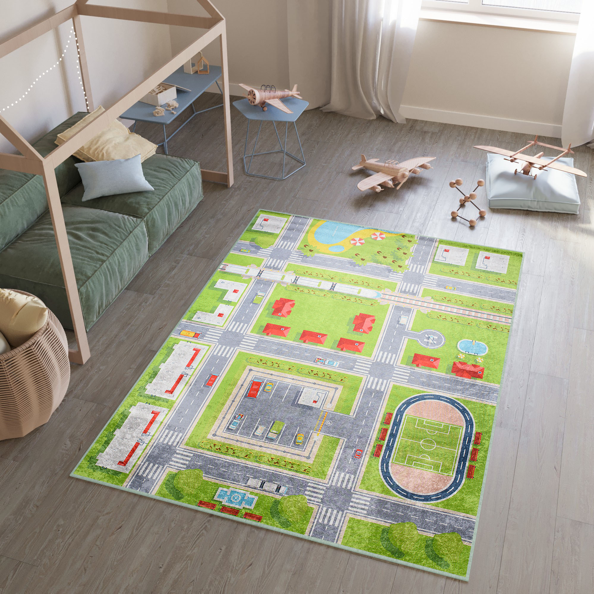 Alfombra Infantil Emma Verde Ciudad Antideslizante