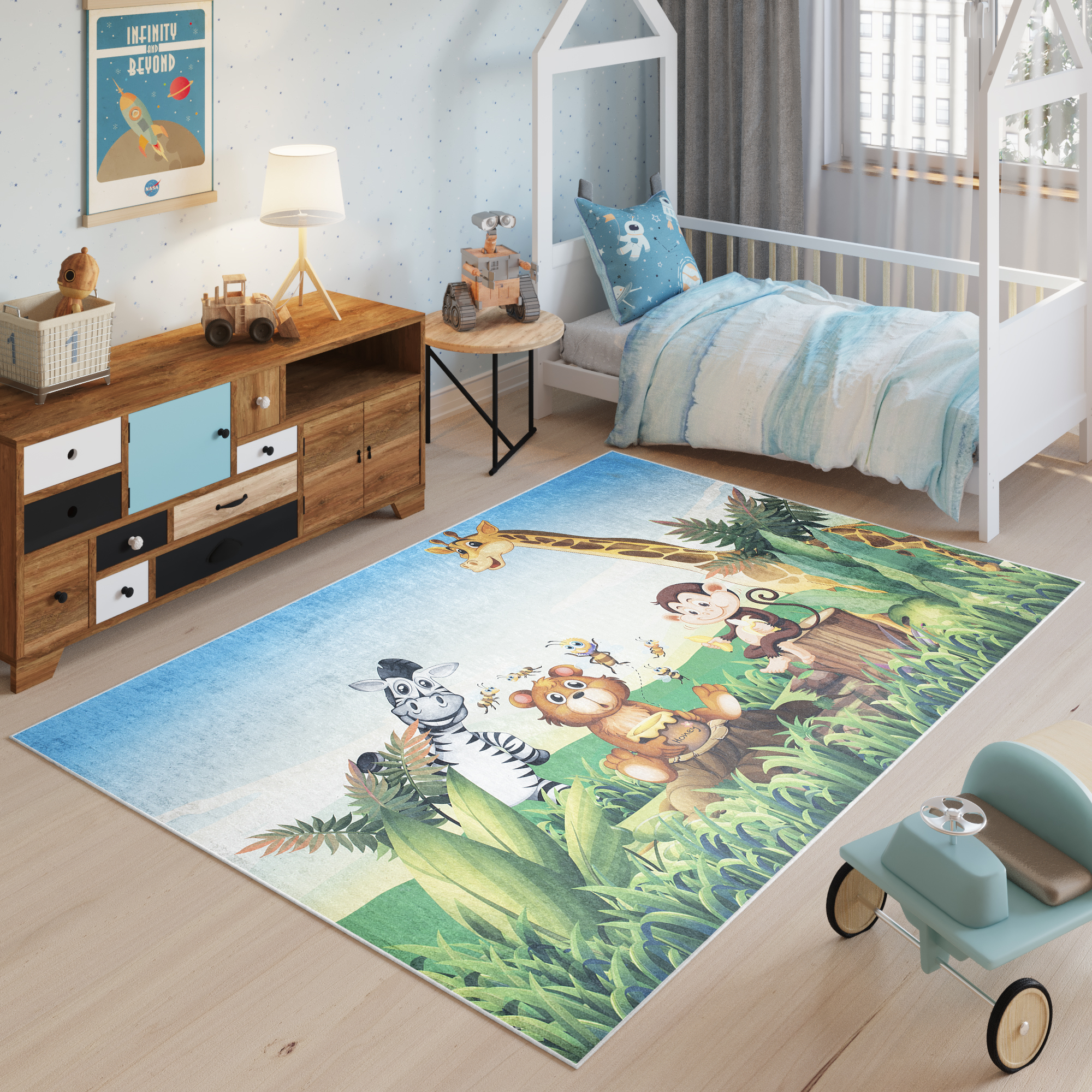 Alfombra Infantil Emma Lavable Antideslizante Safari Hierba