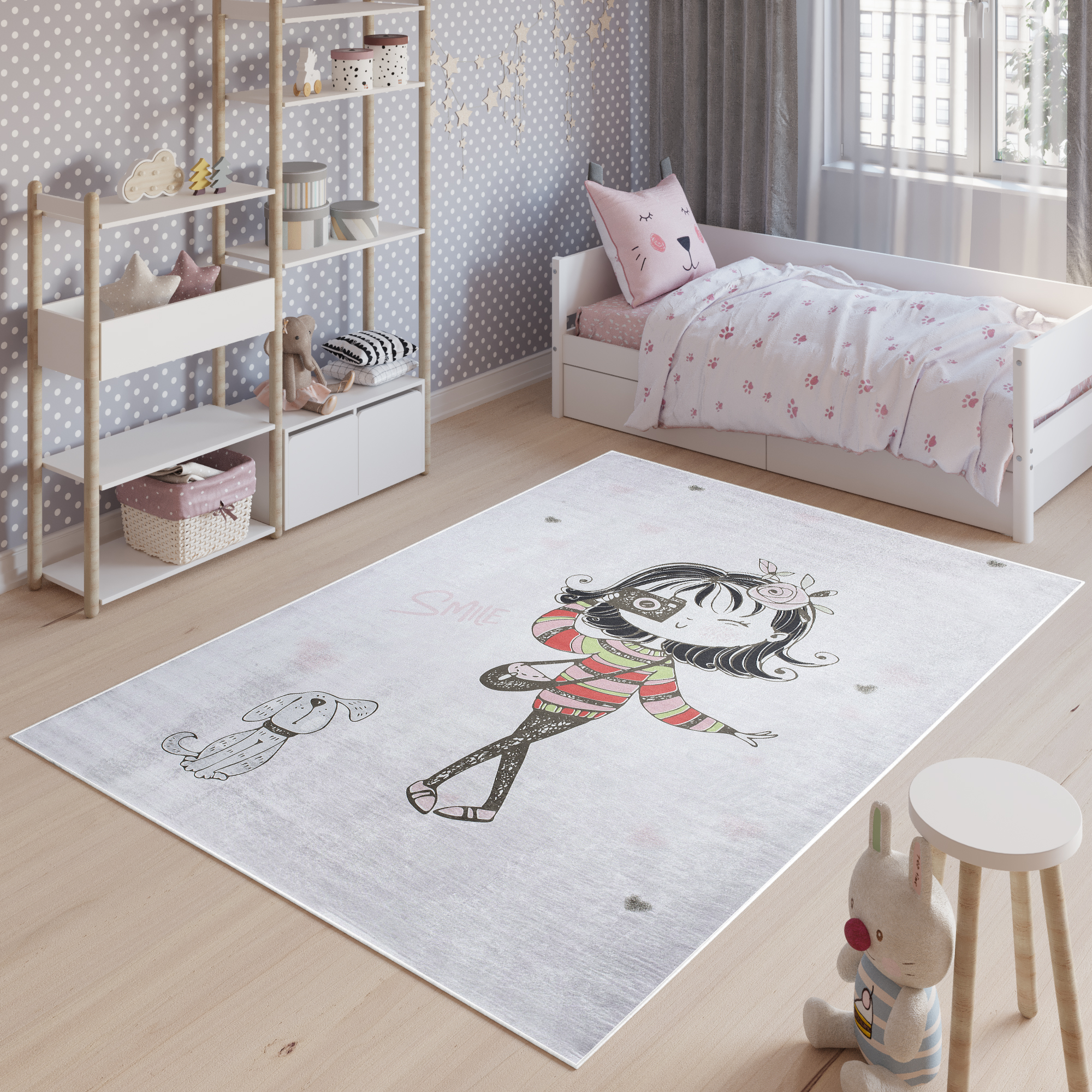 Alfombra Infantil Emma Gris Niña Perro Antideslizante