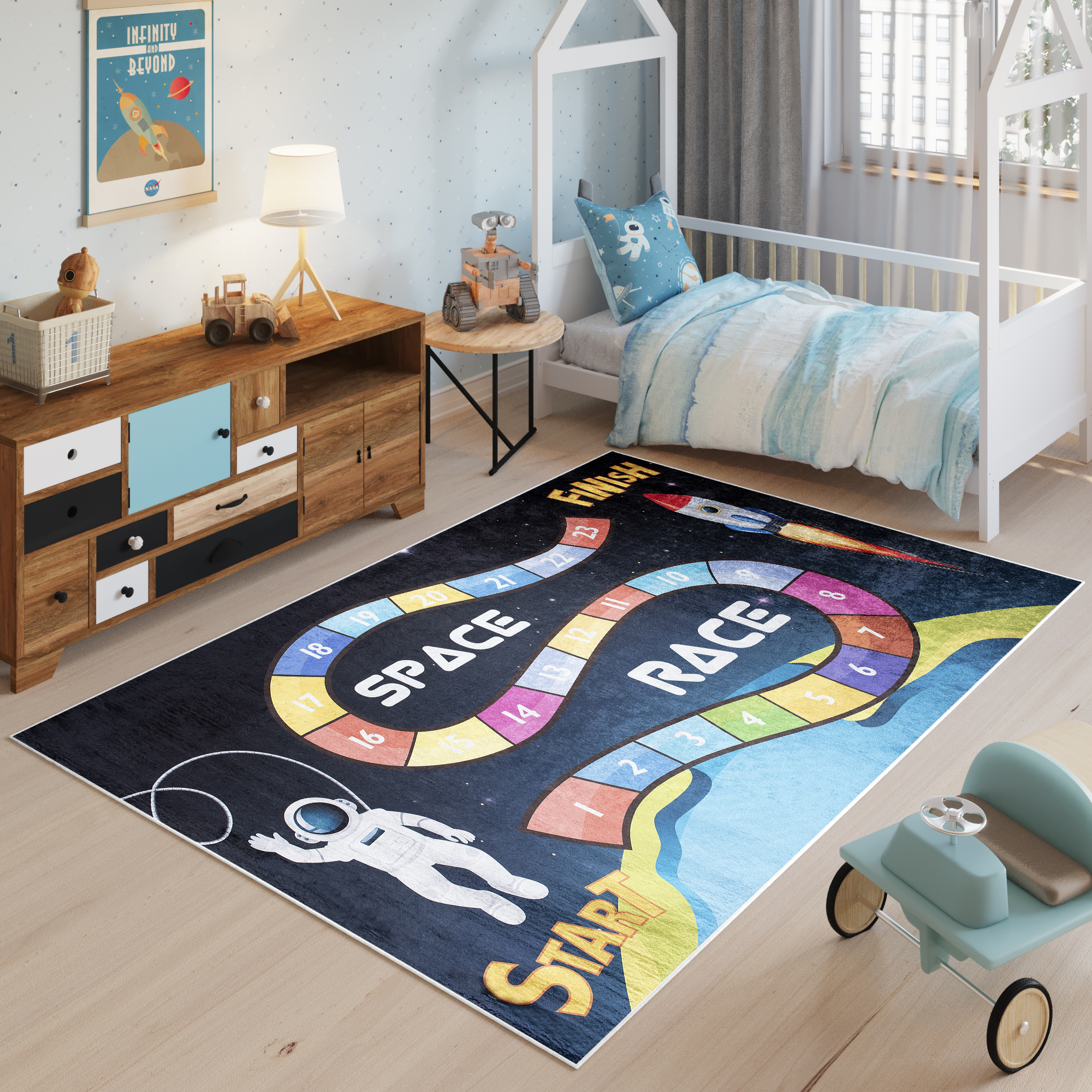 Alfombra Infantil Emma Oscura Espacio Carreras Antideslizante