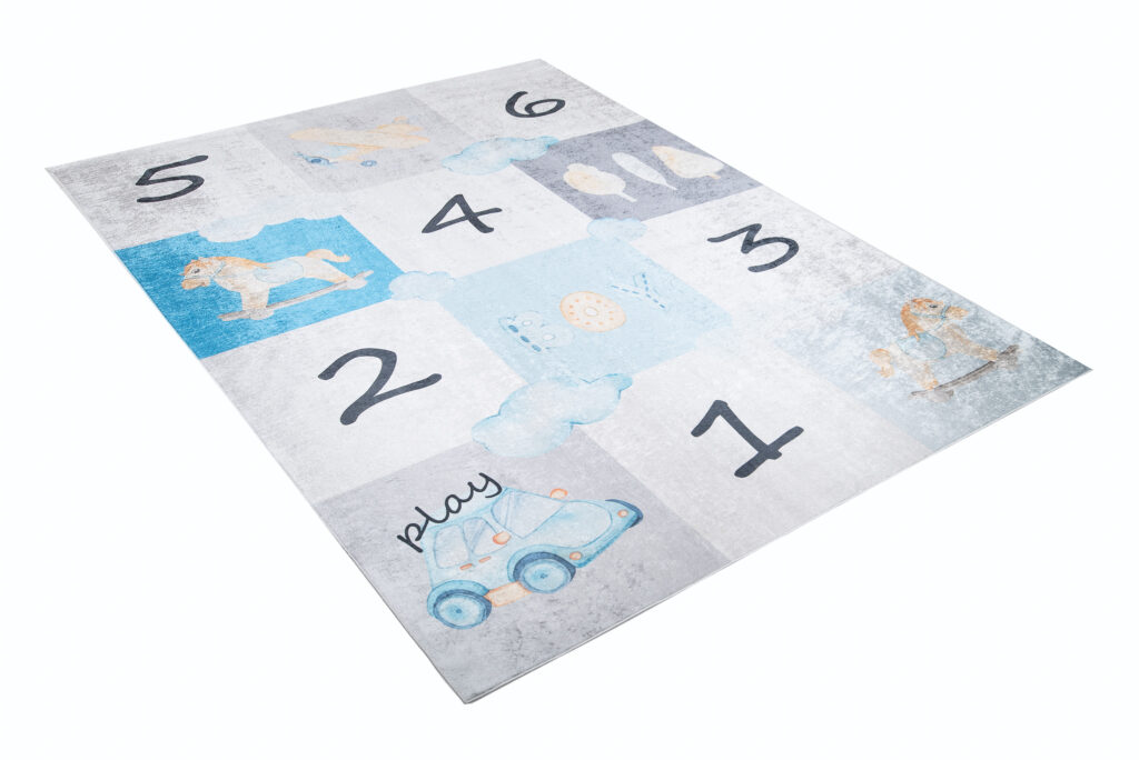 Alfombra Infantil Emma Gris Azul Rayuela Antideslizante