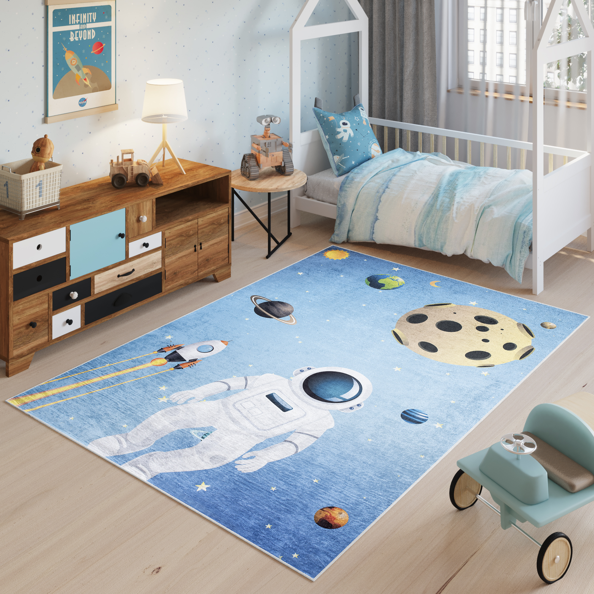 Alfombra Infantil Emma Azul Espacio Astronauta Antideslizante