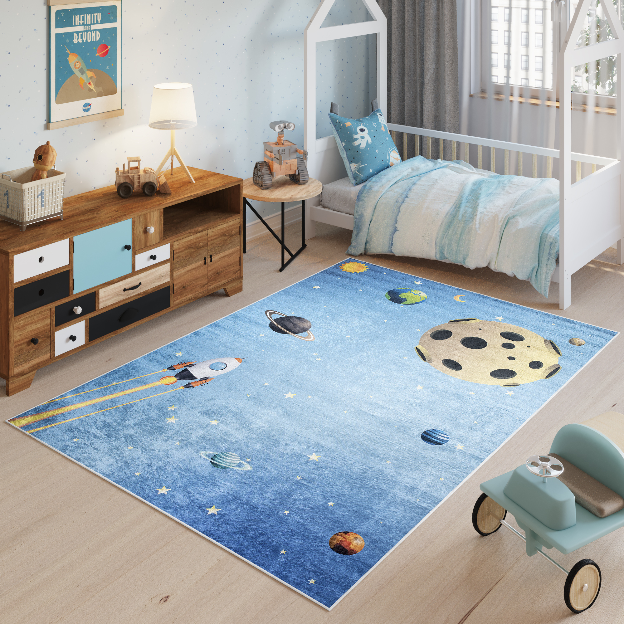 Alfombra Infantil Emma Azul Espacio Planetas Antideslizante
