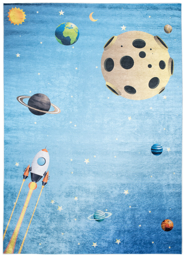 Alfombra Infantil Emma Azul Espacio Planetas Antideslizante