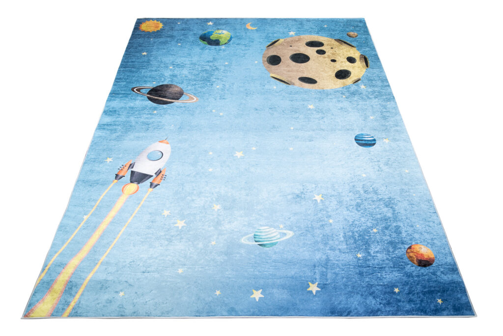 Alfombra Infantil Emma Azul Espacio Planetas Antideslizante