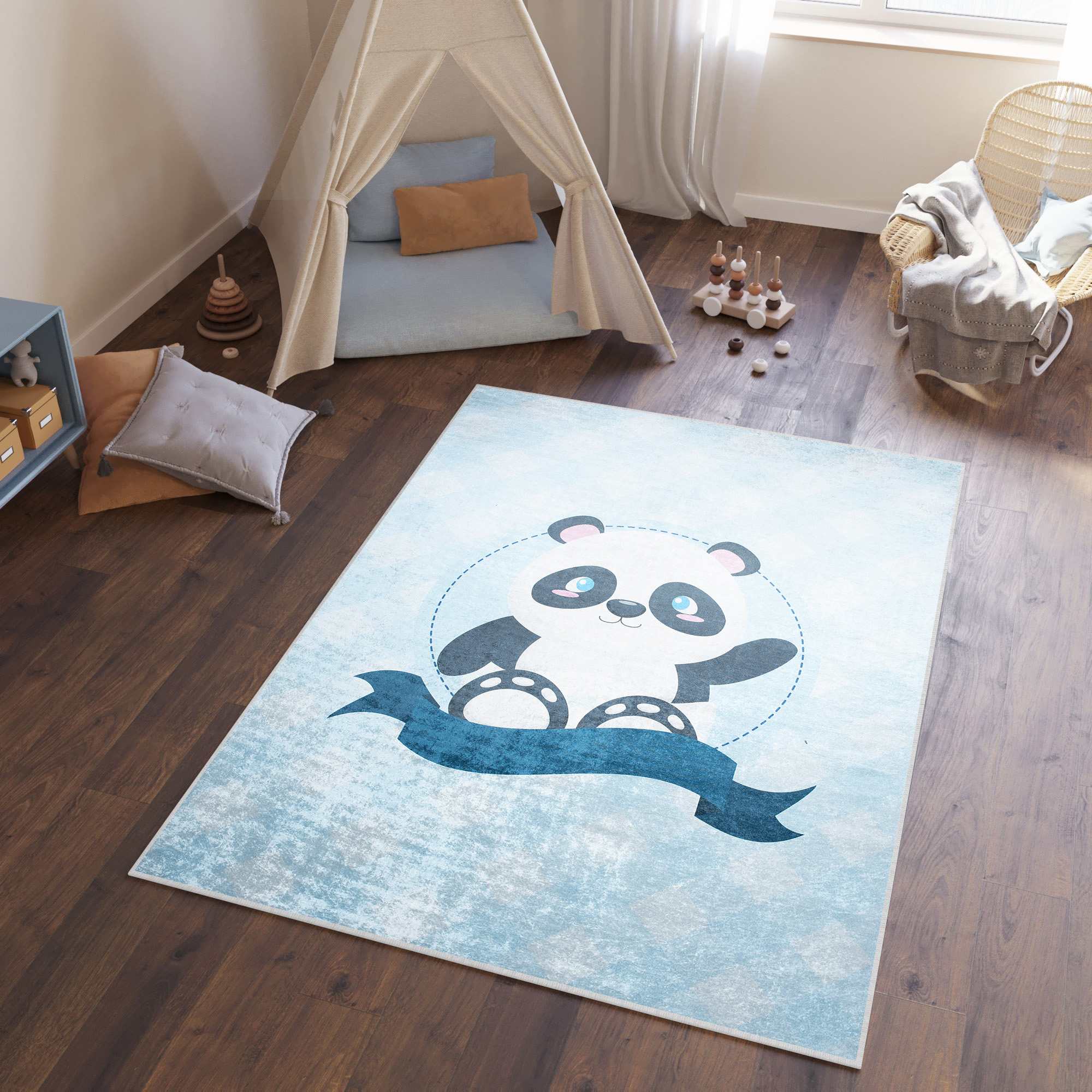 Alfombra Infantil Emma Lavable Antideslizante Azul Panda