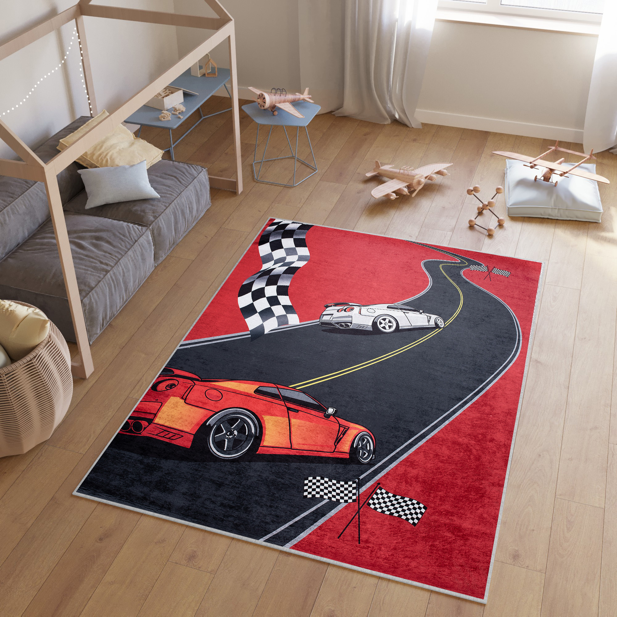 Alfombra Infantil Emma Rojo Negro Coches Antideslizante