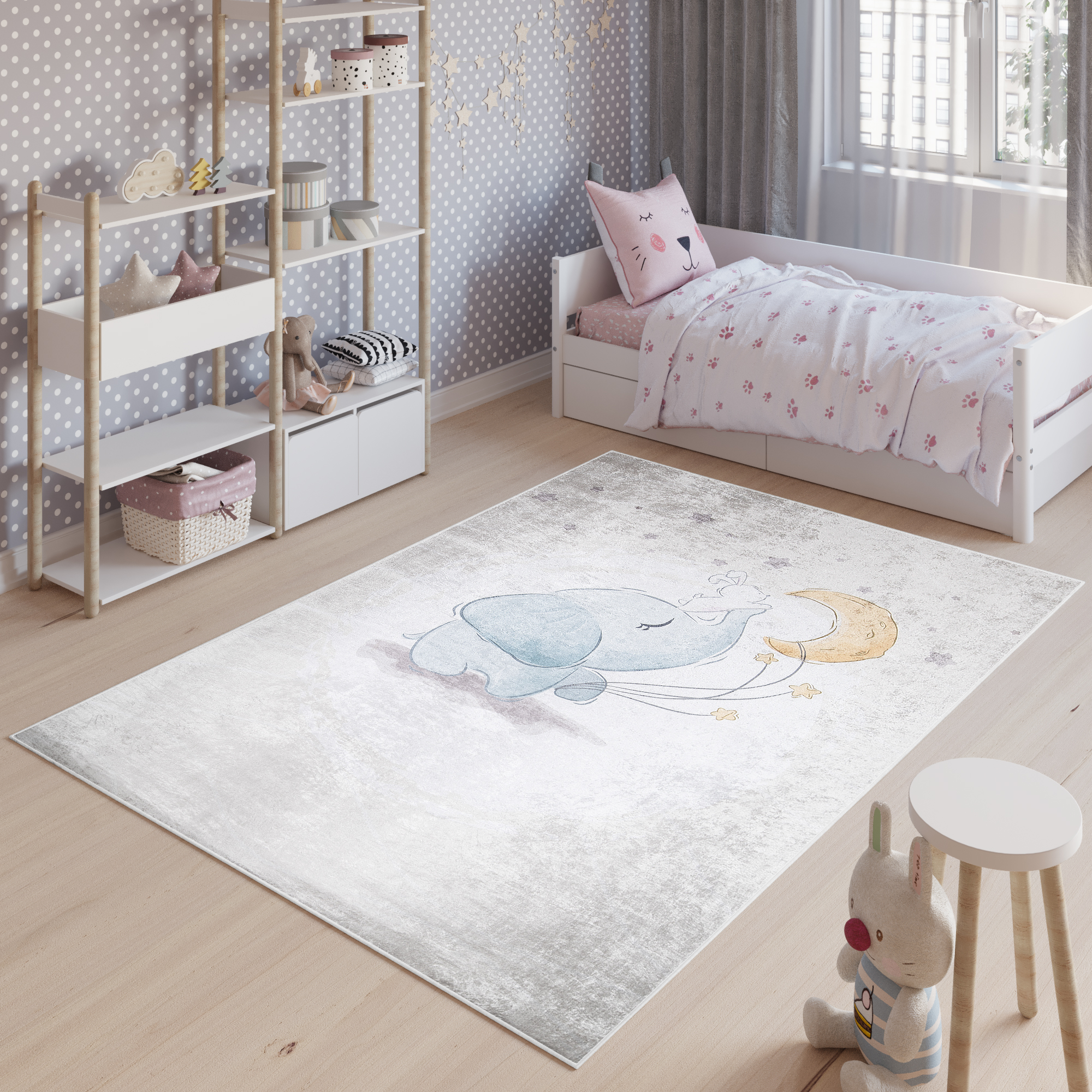 Alfombra Infantil Emma Gris Elefante Luna Antideslizante