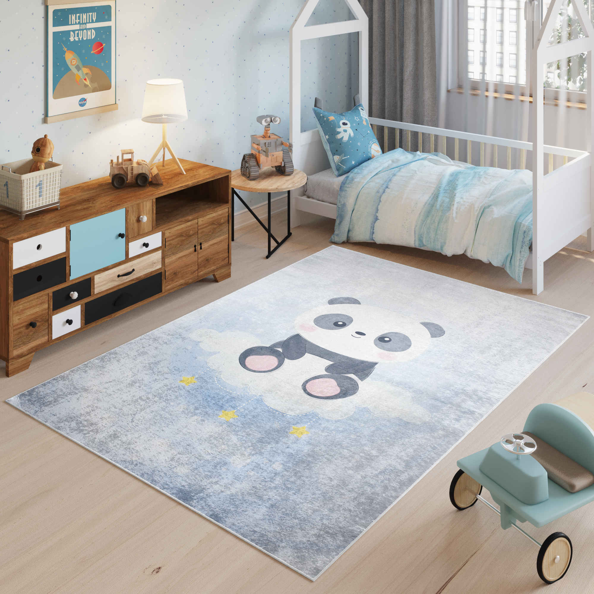 Alfombra Infantil Emma Gris Azul Panda Antideslizante